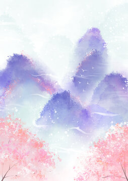 中国风水彩蓝紫色远山与朦胧的花