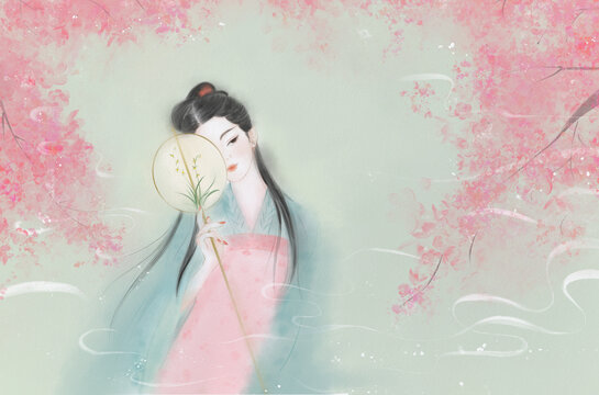 中國(guó)風(fēng)古典美女與桃花橫版