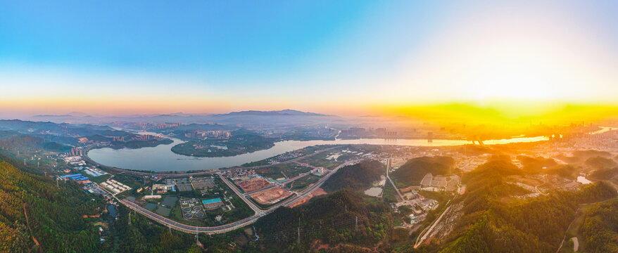 惠州城市夕阳高清航拍图