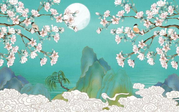 新中式山水花鳥背景墻