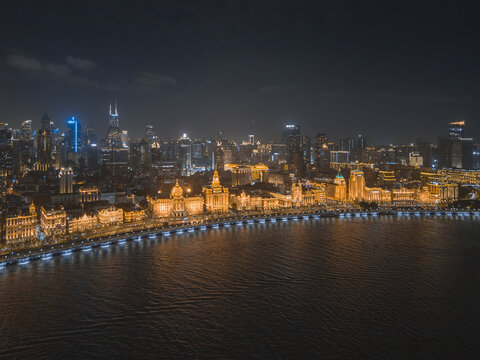 航拍上海万国建筑群与黄浦江夜景