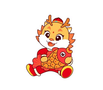 卡通中國龍抱錦鯉