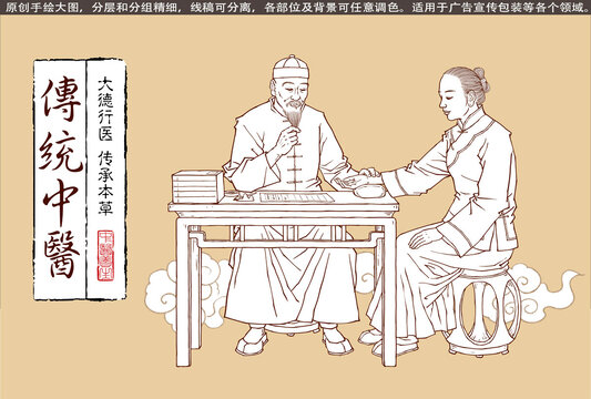 古代中醫(yī)診脈插畫線描版