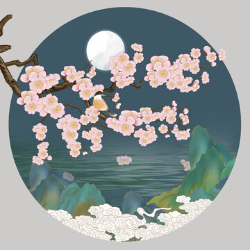 中式梅花山水插画