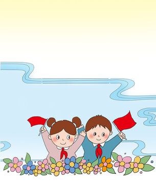 花丛前戴红领巾的小学生卡通插画