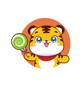 卡通可愛小老虎拿棒棒糖半身