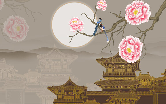 新中式樓閣花鳥背景