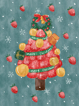 水彩草莓圣诞树新年插画