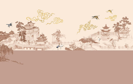 中式手繪古典人物閣樓山水