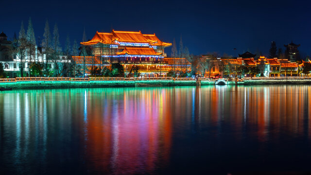 山东枣庄台儿庄古城夜景灯光秀