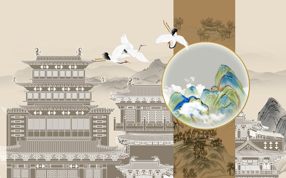 新中式高端樓閣刺繡背景