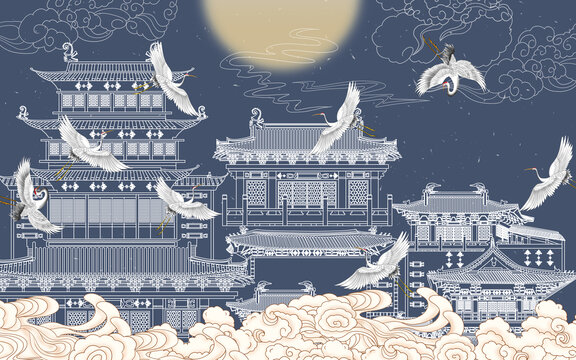 高端線描樓閣背景墻