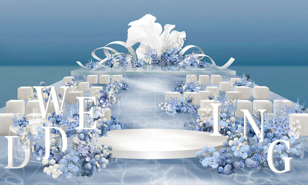 藍白海邊泡雕自由曲線婚禮效果圖