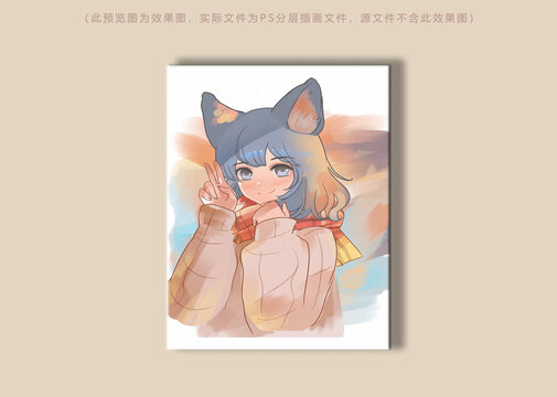 卡通狐耳女孩插畫