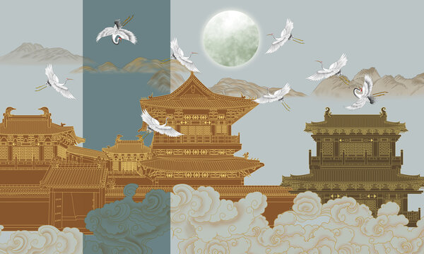新中式樓閣背景墻