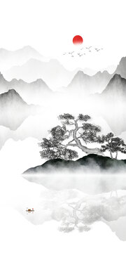 竖幅水墨山水画