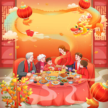 手繪龍年新年吃團圓飯方形插畫