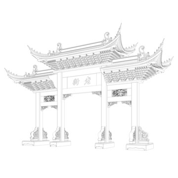 蘇式牌樓軸測線稿