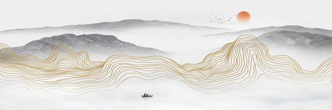 新中式抽象线条巨幅水墨山水画
