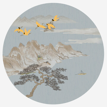 圓形山水小品掛畫