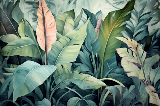 油画雨林壁纸植物东南亚欧式
