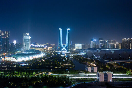 航拍杭州奥体中心场馆风景