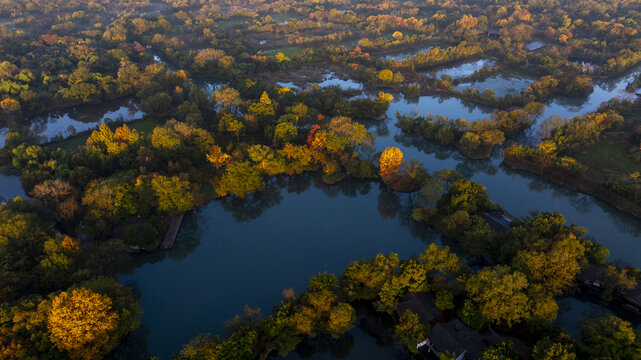 杭州西溪湿地公园晨曦晨雾航拍