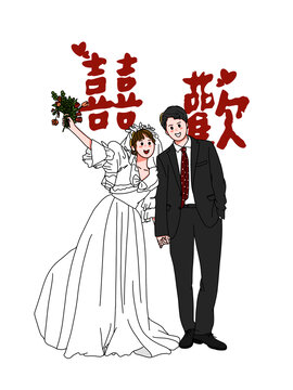 可爱简洁手绘婚纱照插画