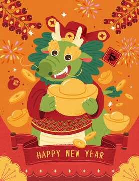 歡樂新年賀卡 財神東方龍手拿元寶送祝福