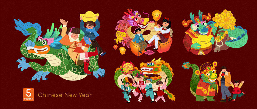 欢乐东方龙与人物欢庆农历新年插图集合