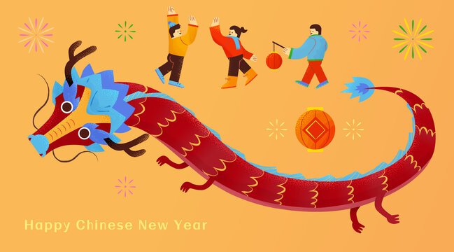 手绘东方龙小孩烟花与灯笼新年元素集合