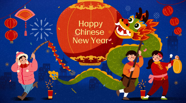 傳統(tǒng)舞龍與放鞭炮的小孩 歡慶春節(jié)插圖