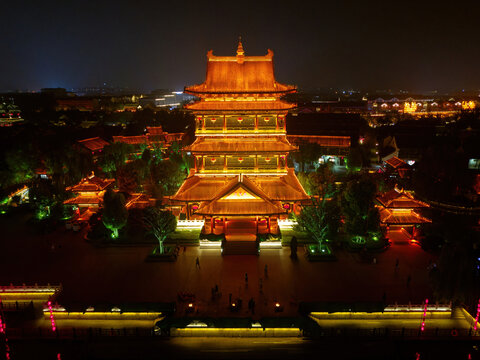 航拍台儿庄古城复兴广场夜景