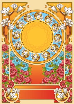 矢量潮流描邊鮮花背景穆夏風(fēng)插畫