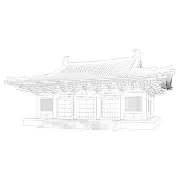 唐風(fēng)歇山大殿軸測線稿