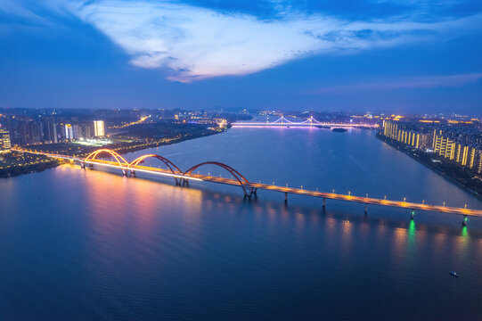 航拍长沙湘江两岸夜景