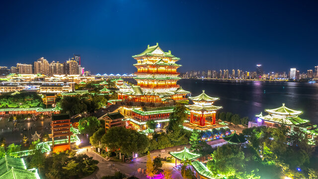 航拍南昌滕王阁古建筑夜景