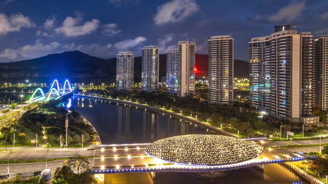 航拍珠海横琴岛CBD夜景