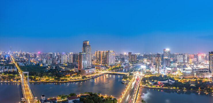 航拍宁波老城夜景全景