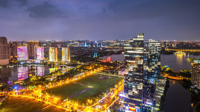 航拍绍兴商务区办公楼夜景