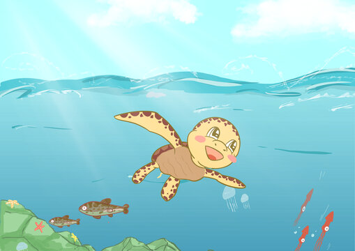 在海里开心游泳的小海龟