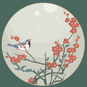 喜上梅梢莫蘭迪色國潮矢量手繪