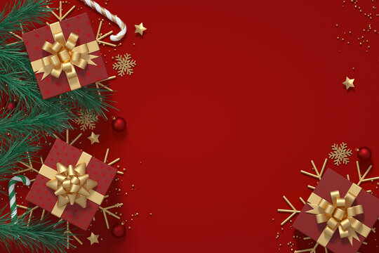 3D渲染的圣诞节礼盒红色背景
