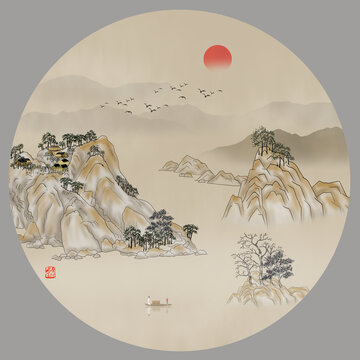 圆形古风山水画