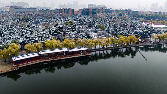 雪后的长春南湖公园l凉亭景观