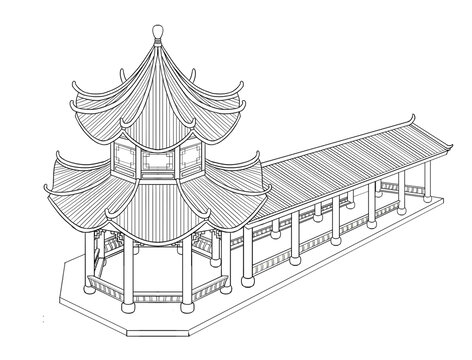 中式建筑古代凉亭八角亭白描线稿