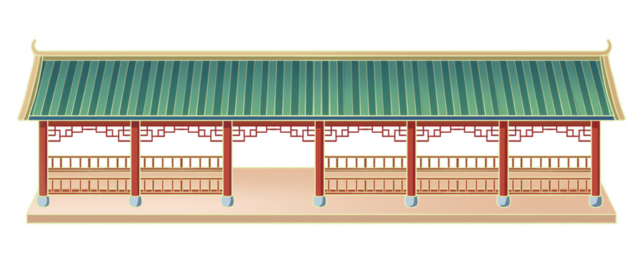 国潮手绘中式建筑古代凉亭长廊