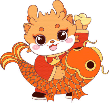 可愛卡通龍形象年年有余插畫
