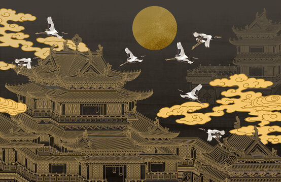 新中式樓閣背景墻