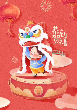 簡約大氣紅色新春龍年節(jié)日插畫